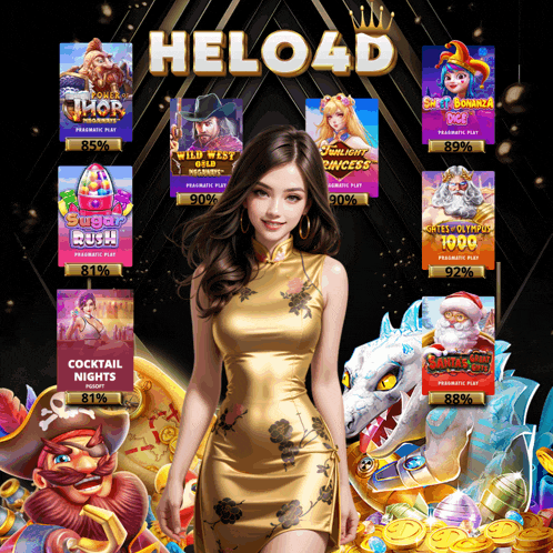 a woman in a gold dress is standing in front of a display of helo4d games
