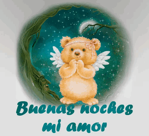 a teddy bear with angel wings and the words buenas noches mi amor below it