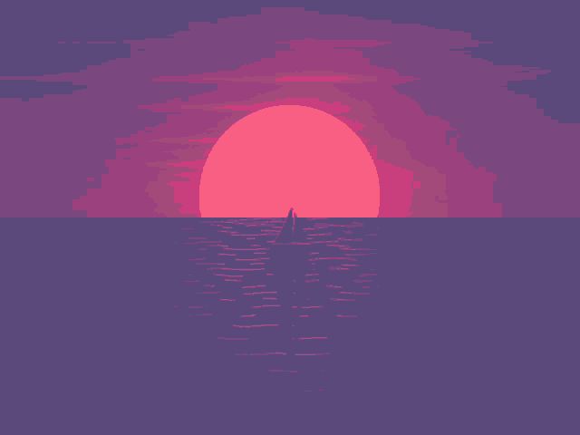 a sailboat in the ocean at sunset with a large red sun in the background