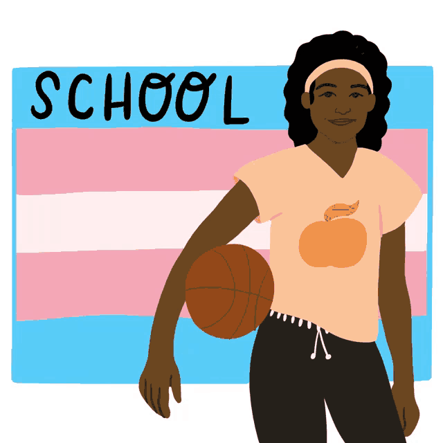 an illustration of a girl holding a basketball with the word school in the background