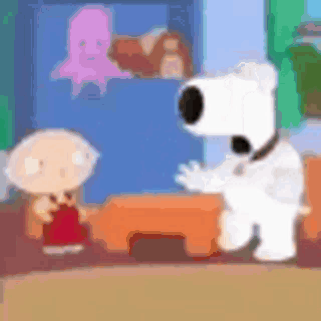 a cartoon of stewie and brian from the family guy standing next to each other in a living room .
