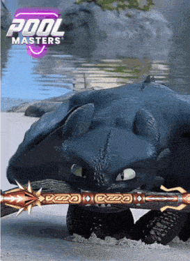 toothless from how to train your dragon is holding a spear in his mouth