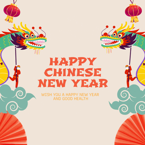 a happy chinese new year greeting card with dragons lanterns and fans