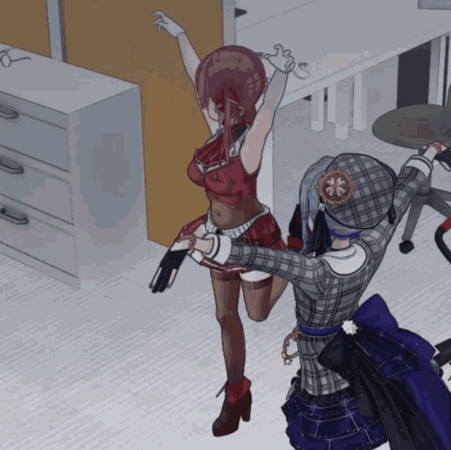 two anime girls are dancing in a room with their arms outstretched