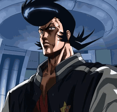 a close up of a cartoon character with a letter p on his jacket
