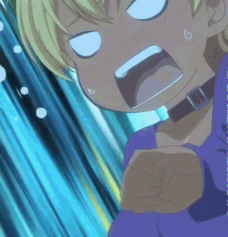 a close up of a person 's face with a purple shirt on