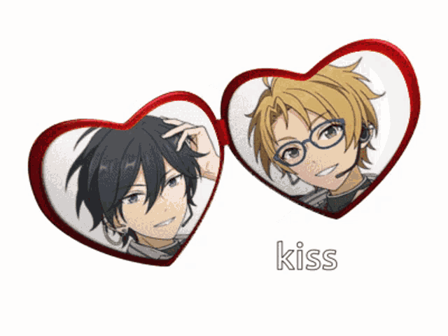 two anime characters in heart shaped frames with the word kiss underneath them