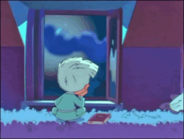a cartoon character is looking out of an open window at night