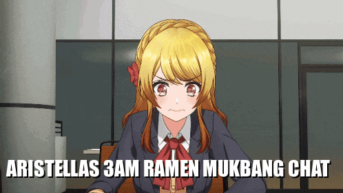 a picture of a girl with the words " aristellas 3am ramen mukbang chat " on the bottom