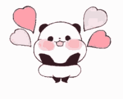 a panda bear with pink hearts coming out of its eyes