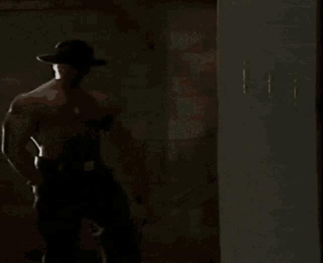 a shirtless man in a cowboy hat is standing in a dark room