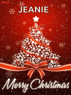 a merry christmas card with a christmas tree and the name jeanie on it