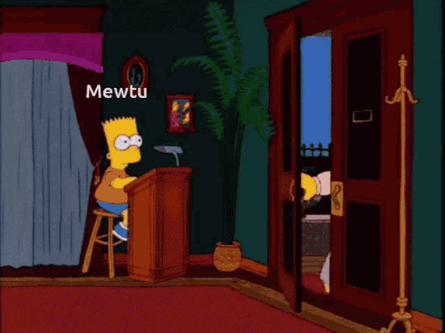 bart simpson is sitting at a podium giving a speech while a man stands behind him and says mewtu