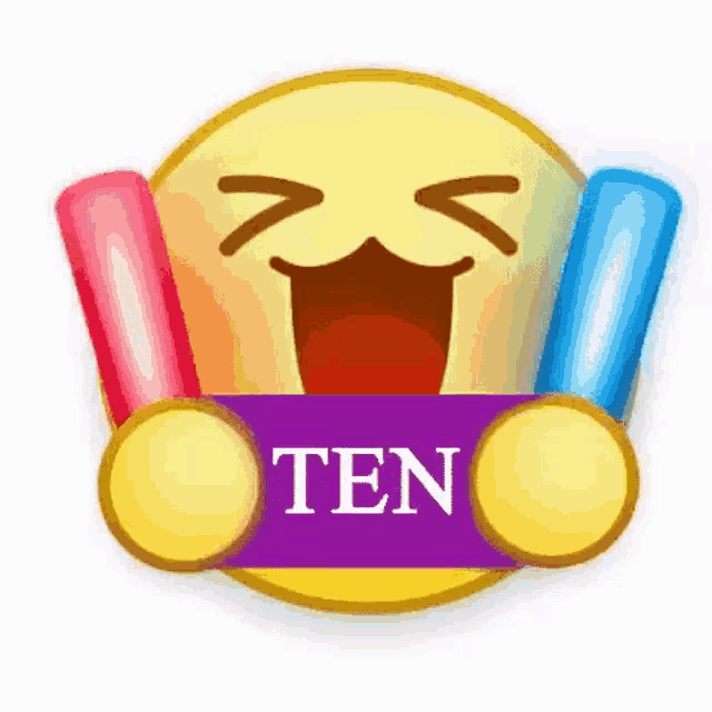 a smiley face with a banner that says ten
