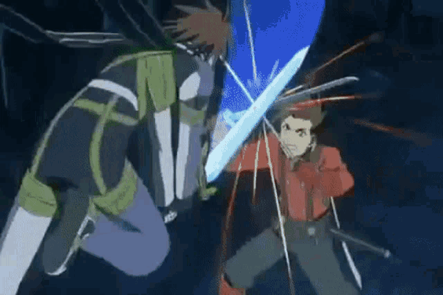two cartoon characters are fighting with swords in a dark room .
