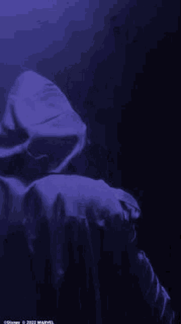 a person in a purple hoodie is standing in the dark .
