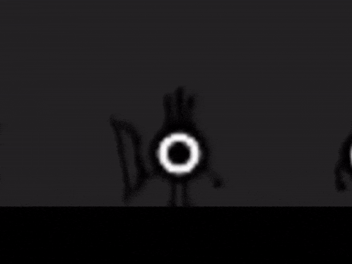 a black and white cartoon character with a white circle in the middle of its head .