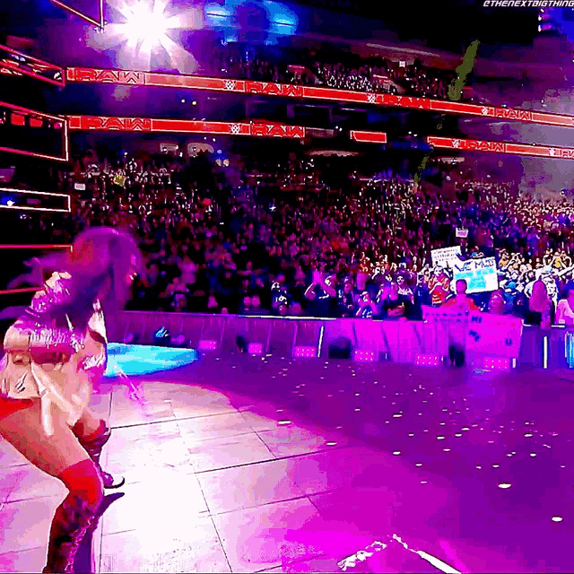 a woman in a wrestling ring with a sign that says ' the next thing '