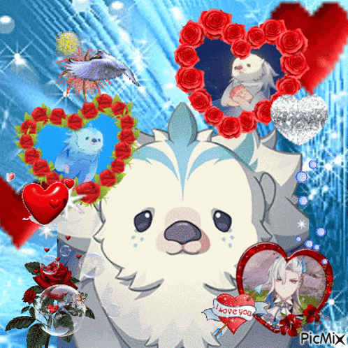 a picture of a wolf surrounded by hearts and flowers with a heart that says i love you