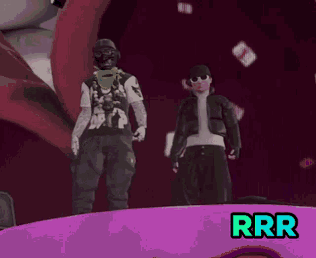 two men are standing next to each other on a pink background with the word rrr on it