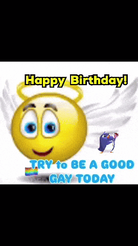 a smiley face with angel wings and the words happy birthday
