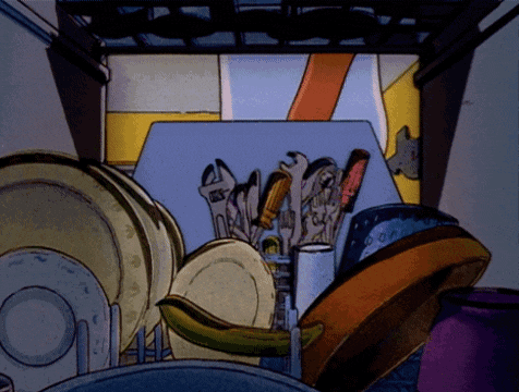 a cartoon drawing of a bunch of dishes and a banana