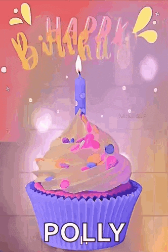 a purple cupcake with a candle on top of it is on a birthday card for polly .