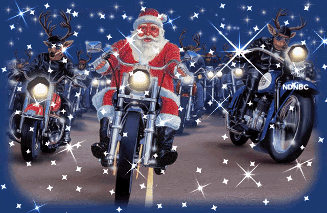 santa claus is riding a motorcycle with a license plate that says ndnbc on it