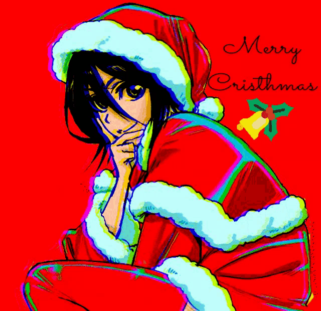 a colorful drawing of a girl wearing a santa hat with the words merry christmas written below her