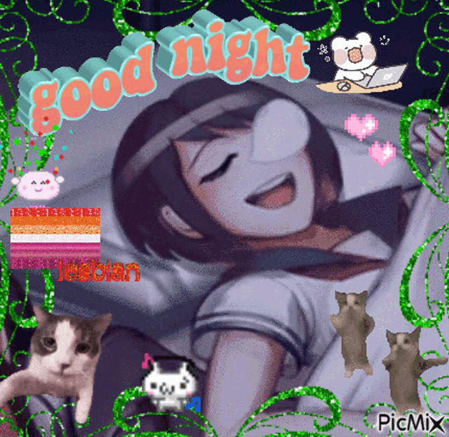 a picture of a girl sleeping with cats and the words good night