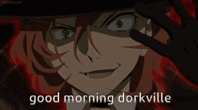 a cartoon character says good morning dorkville in a dark background