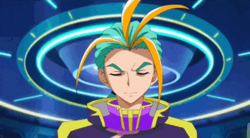 a cartoon character with green and orange hair and a purple jacket is standing in front of a blue circle .