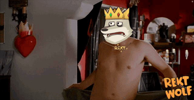 a shirtless man with a necklace that says " rekt wolf "