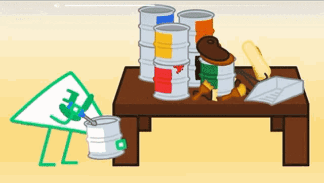 a cartoon drawing of a table with barrels on it and a green triangle with the letter z on it