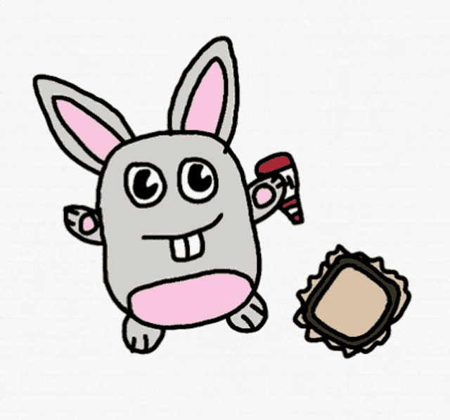 a cartoon rabbit is holding a ketchup bottle and a sandwich .