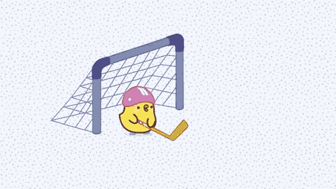 a cartoon chicken wearing a pink helmet is holding a hockey stick in front of a goal net .