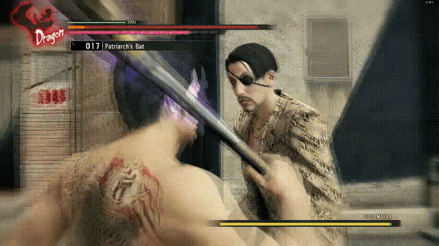 a video game screen shows a man holding a sword and another man holding a bat ..