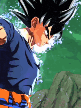 a close up of a cartoon character with a blue shirt and orange pants