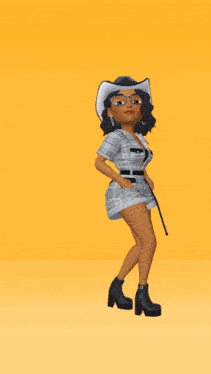 a woman wearing a plaid shirt and shorts is dancing on a yellow background