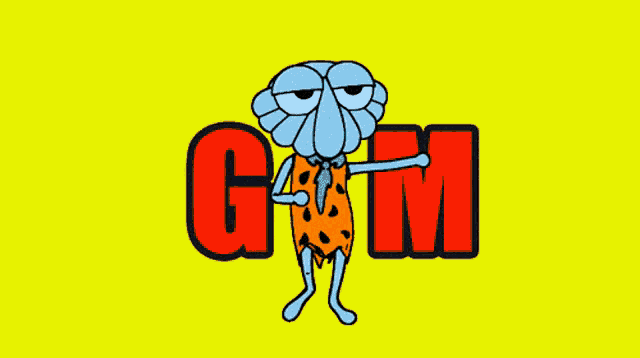 a cartoon character is standing in front of the word gum on a yellow background