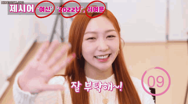 a girl with red hair is smiling and waving with the number 09 in front of her