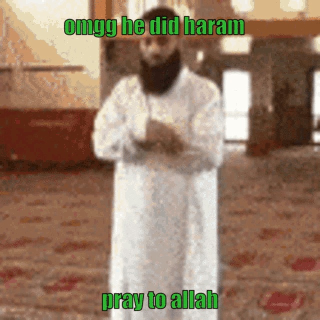 a man in a white robe prays to allah