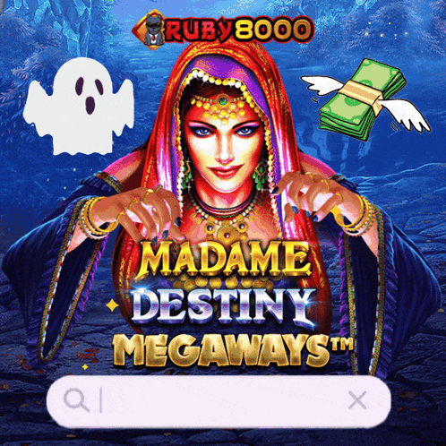 an advertisement for madame destiny megaways shows a ghost and a pile of money