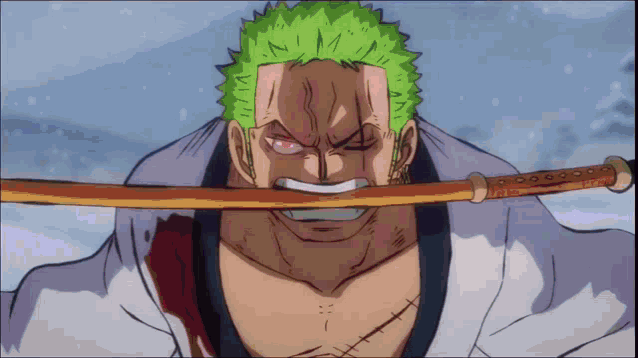 a man with green hair is holding a sword in his mouth in a cartoon .