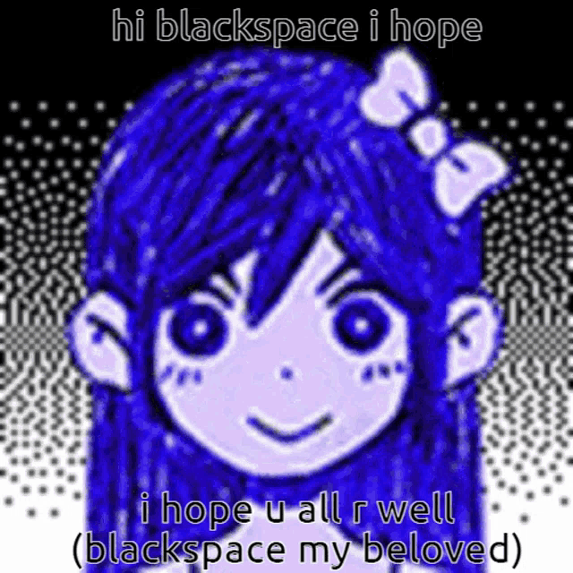 a drawing of a girl with blue hair and a bow says hi blackspace i hope i hope u all r well