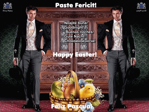 a man in a tuxedo is standing next to a basket of fruit with the words paste fericit on it