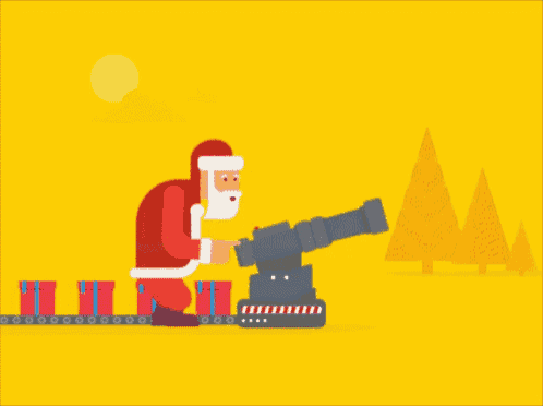 a cartoon of santa holding a cannon with gifts on a conveyor belt behind him