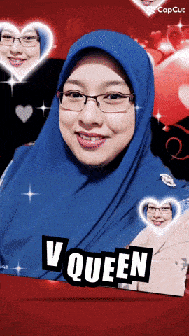 a woman wearing glasses and a blue head scarf with the word v queen on the bottom
