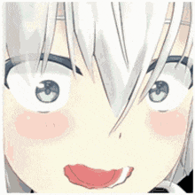 a close up of a girl 's face with white hair and a red tongue sticking out .