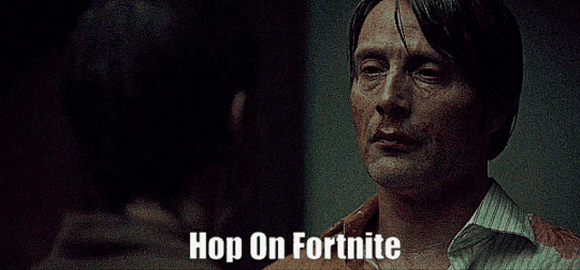 a close up of a man 's face with the words hop on fortnite below him